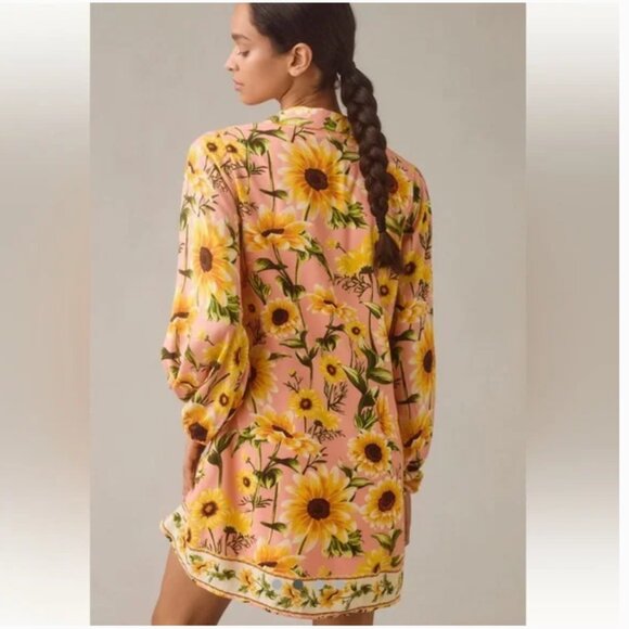 NWT Farm Rio Anthropologie Long Sleeve Button Front Mini Sunflower Dress Large - Picture 3 of 16